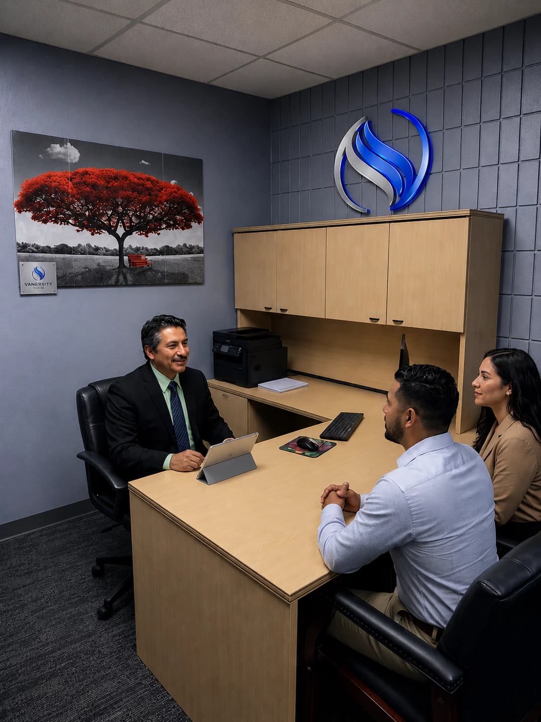A Vanersity Tech consultant meeting with clients in the San Pablo office